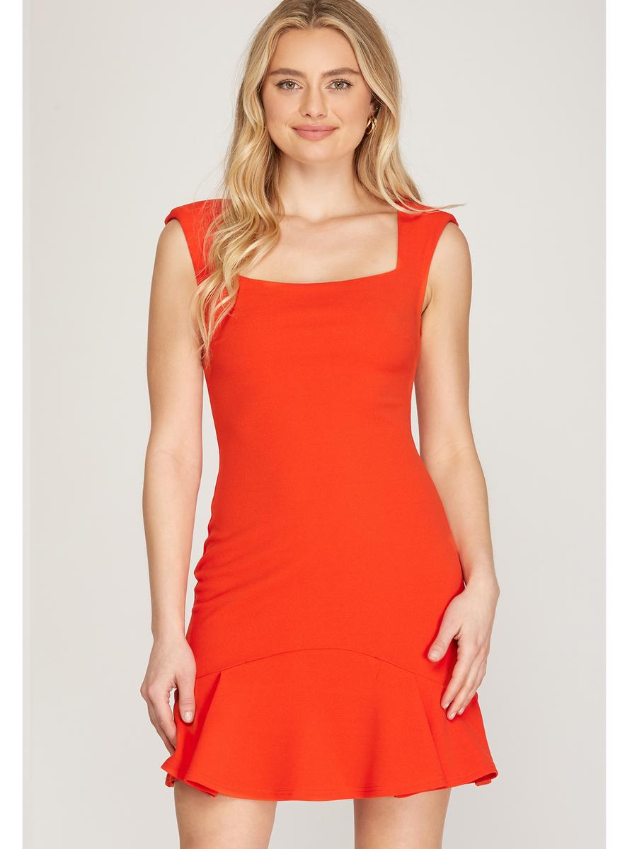 SHE AND SKY - Sleeveless Shoulder Pad Square Neck Dress SY1549