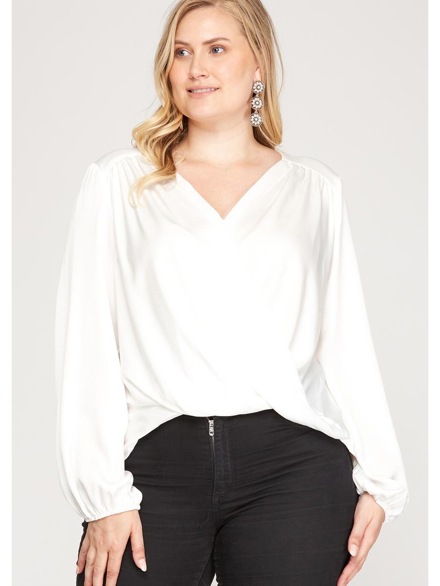 SHE AND SKY - Long Sleeve Woven Satin Blouse PSS7244