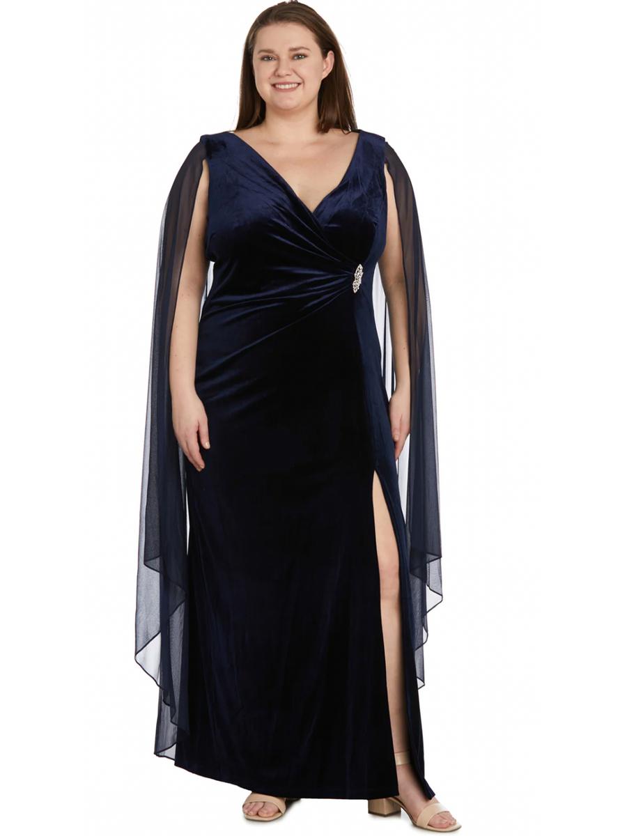R & M Richards - Velvet Ruched Gown with Chiffon Cape 9073W