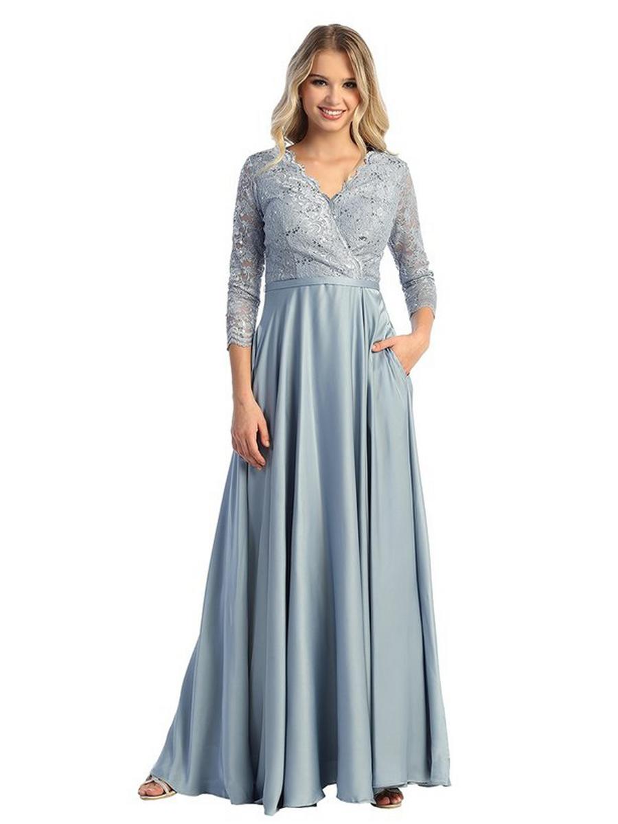 CINDY COLLECTION USA - Long Sleeve Lace Bodice Gown