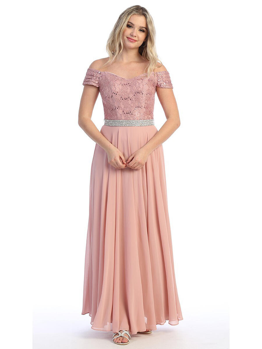 CINDY COLLECTION USA - Lace Bodice Rhnestone Belt Chiffon Gown