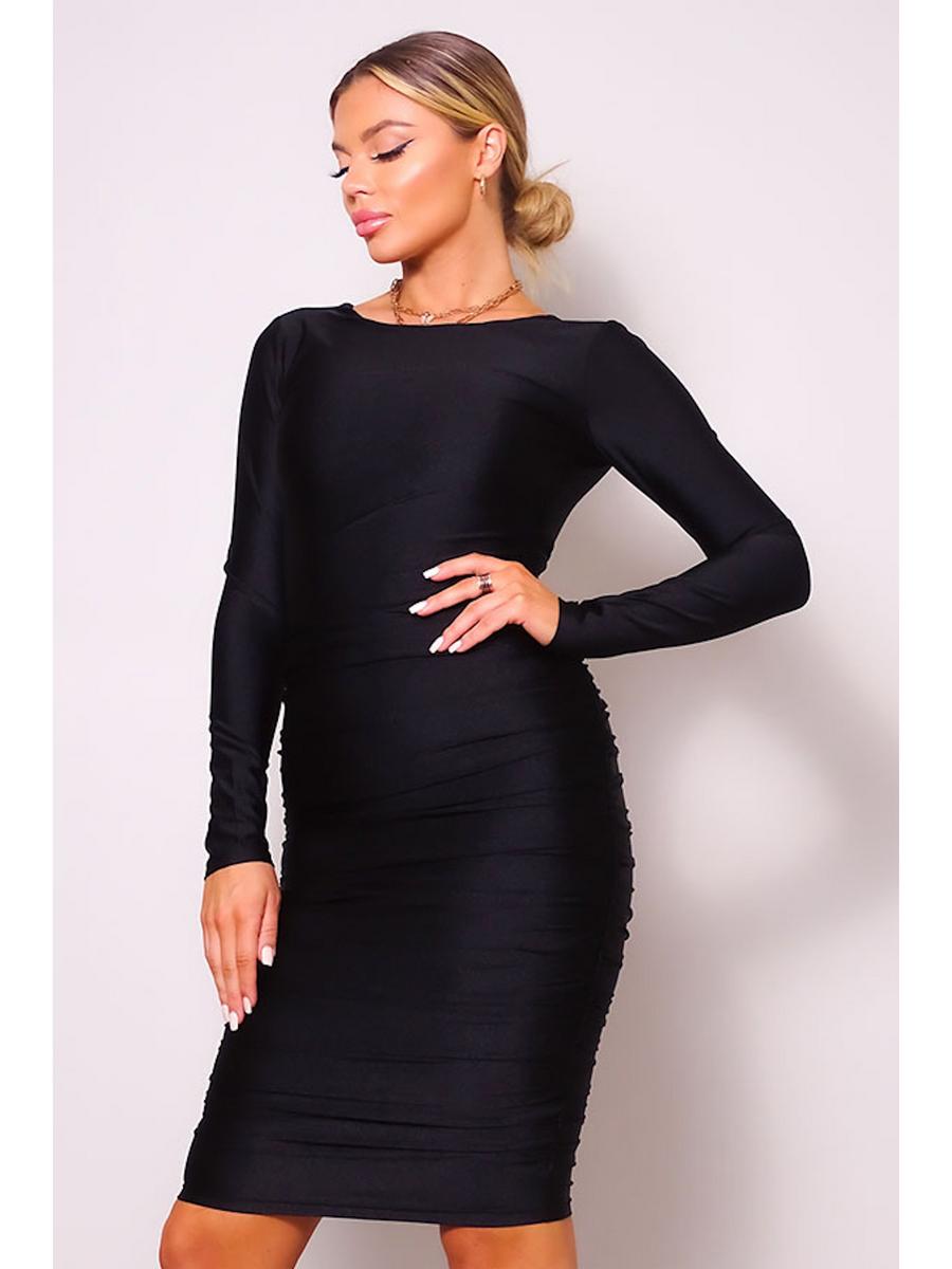 CEFIAN - Long Sleeve Rouched Bodycon Midi