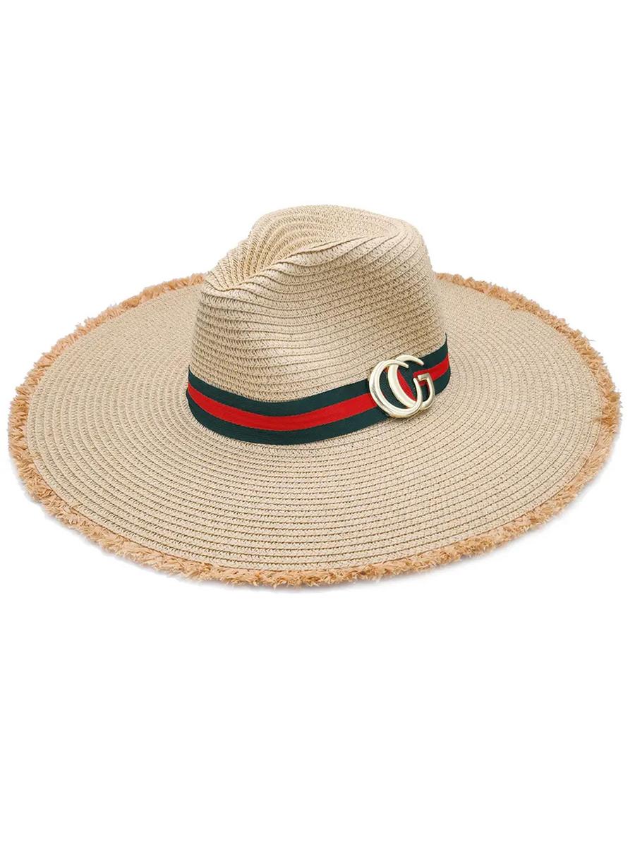 Large Brim Metal GG Straw Panama Sun Hat FEDORA1
