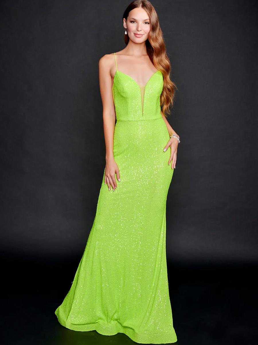Nina Cannacci - Sequin Deep V Neck Gown with Lace Up Back