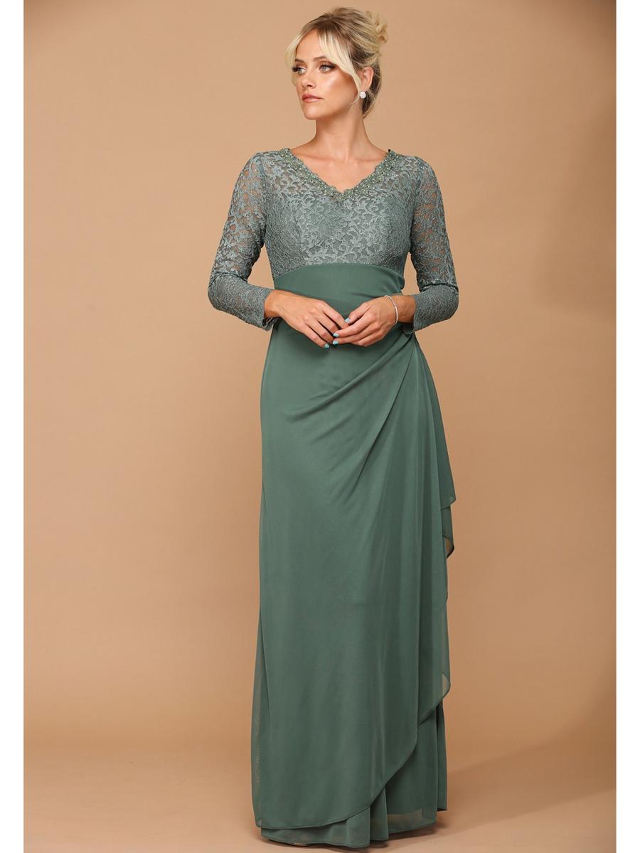 EVA - Lace Long Sleeve V Neck Chiffon Ruched Gown 3451