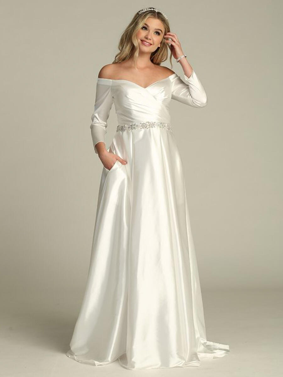 CINDY COLLECTION USA - Satin Off The Shoulder Long Sleeve Gown