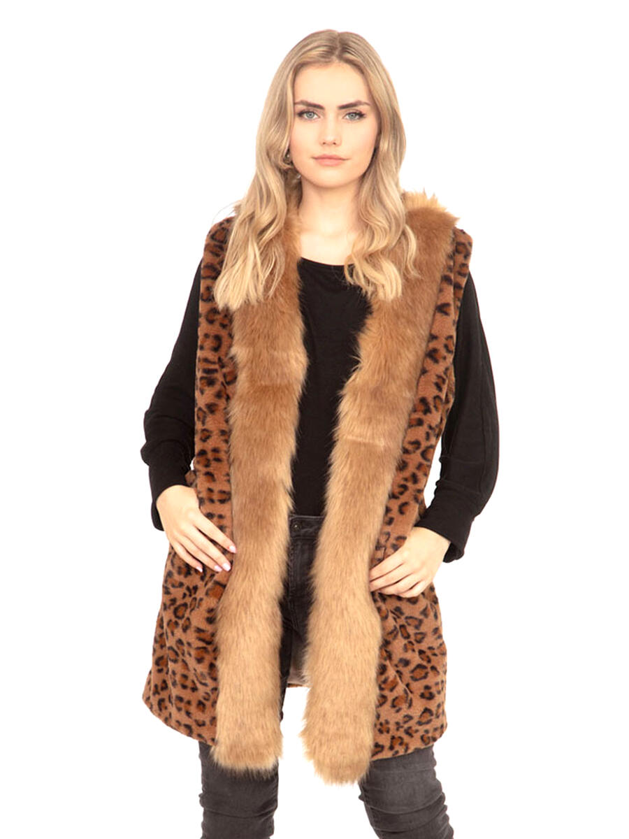 WONA TRADING INC - Leopard Patterned Faux Fur Trim Vest S0198