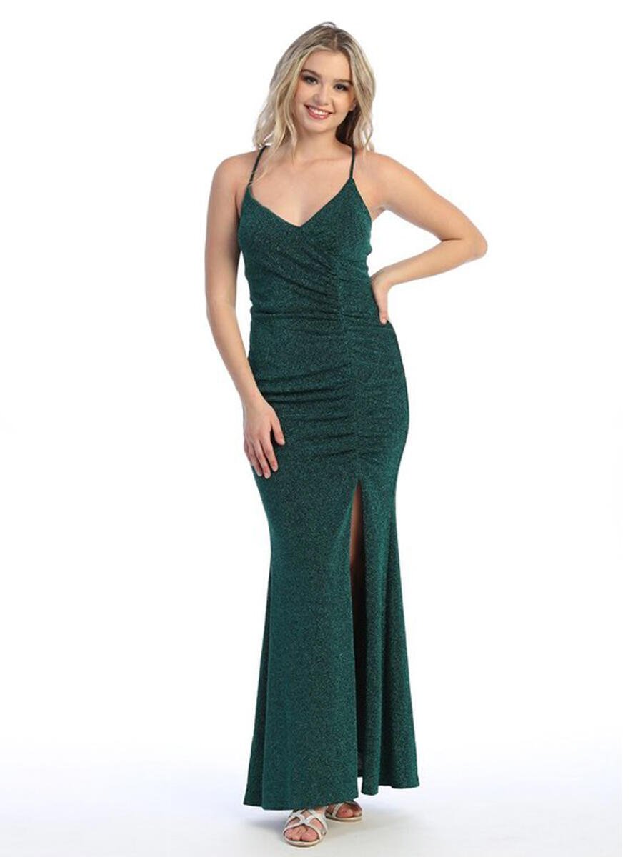 CINDY COLLECTION USA - Glitter Stretch Gown Side Slit Lace up Back 1674