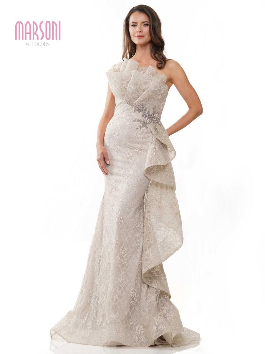 MARSONI - Strapless Lace Gown with Beading Applique Waist MV1245