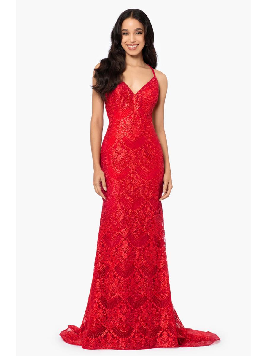 Betsy & Adam, Ltd. - Long Lace V Neck Gown with Stones A24606