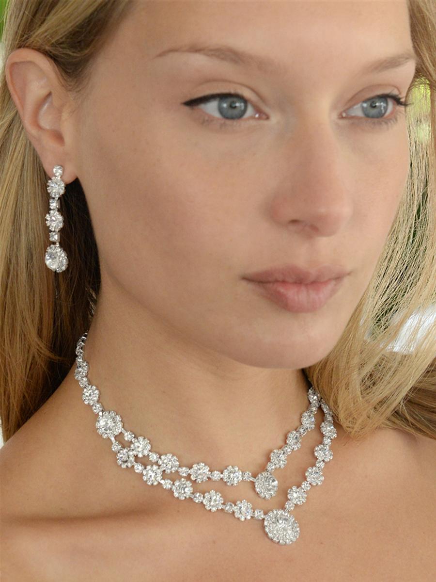 MARIELL - 2-Row Rhinesstone Necklace & Earrings Set 3228SET