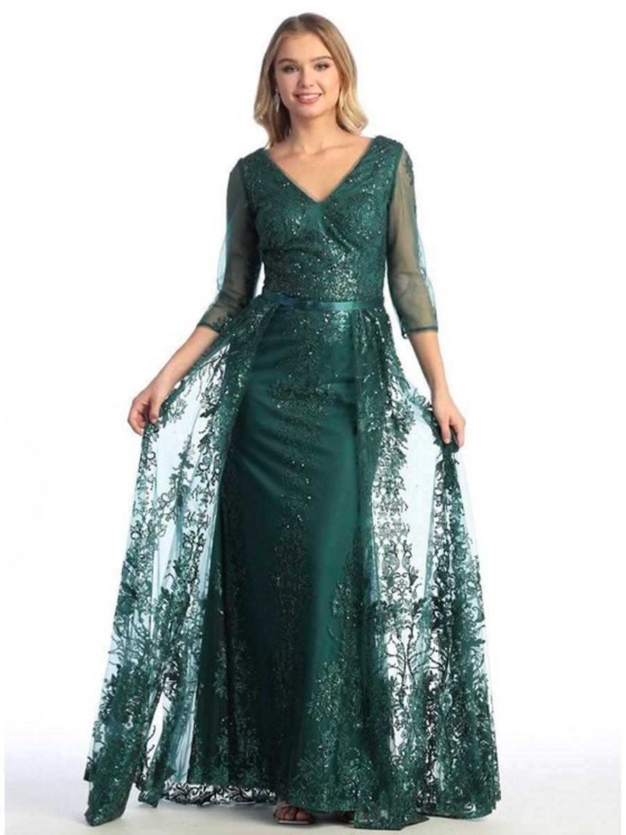 CINDY COLLECTION USA - Glitter 3/4 Sleeve Over Skirt Gown 50445
