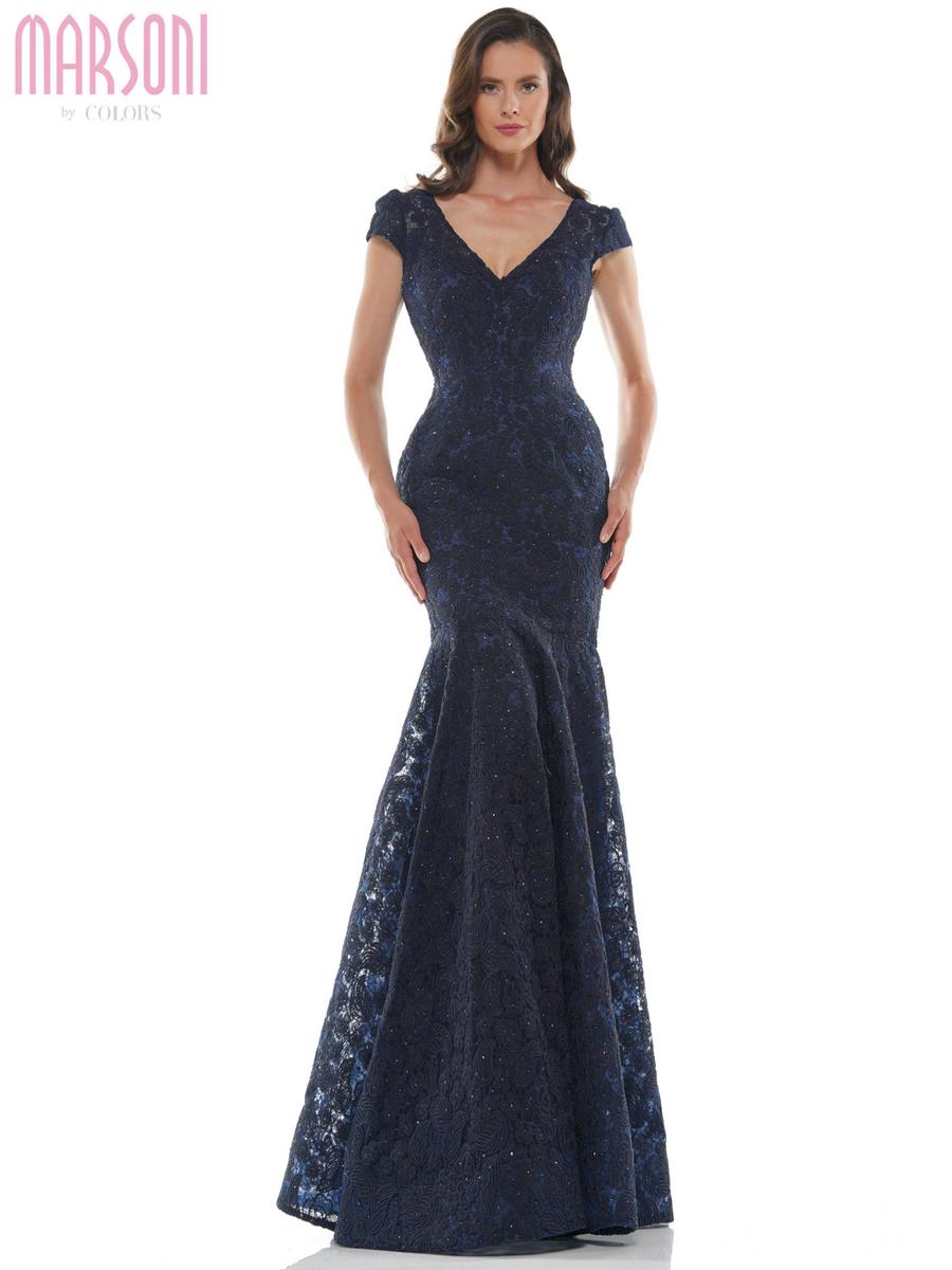 COLORS - Metallic Lace V-Neck Gown Cap Sleeve