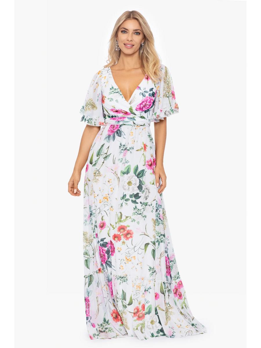 Betsy & Adam, Ltd. - Short Flair Sleeve Chiffon Gown Floral Print A25740