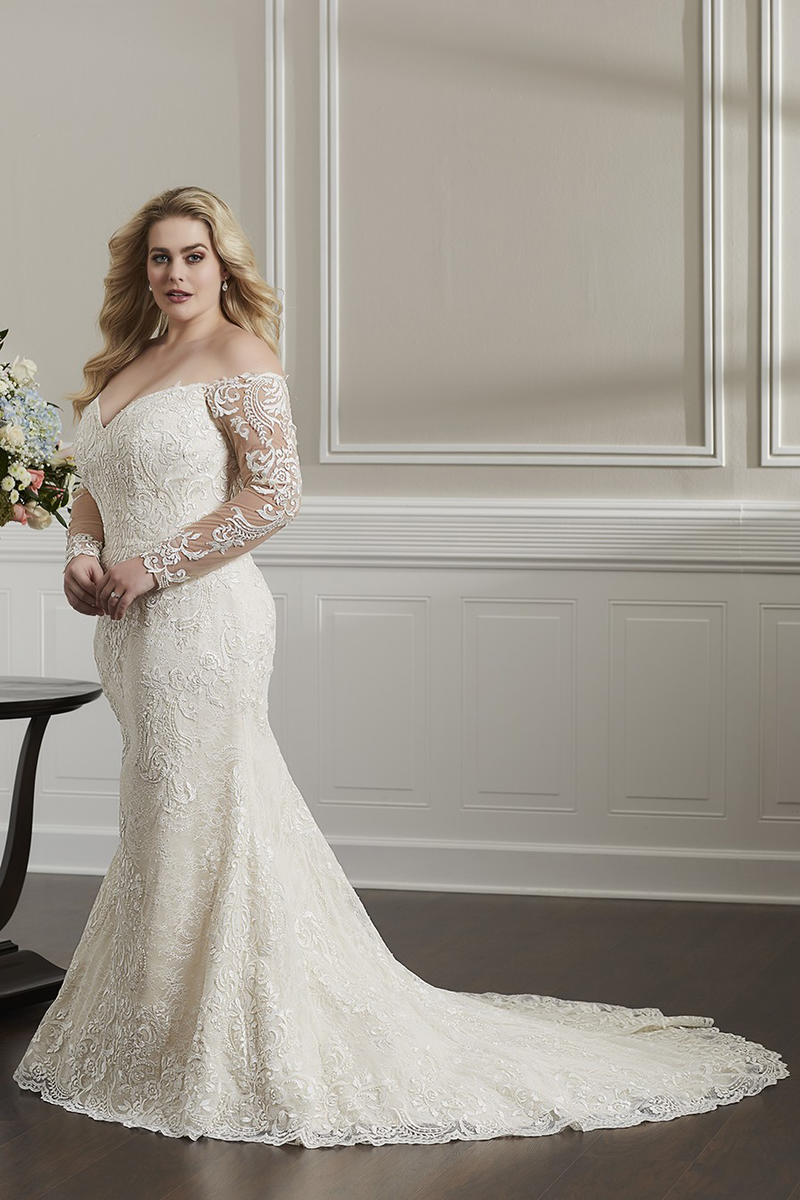 ADRIANNA PAPELL(House of Wu) - Off-Shoulder Illusion Long Sleeved Bridal Gown