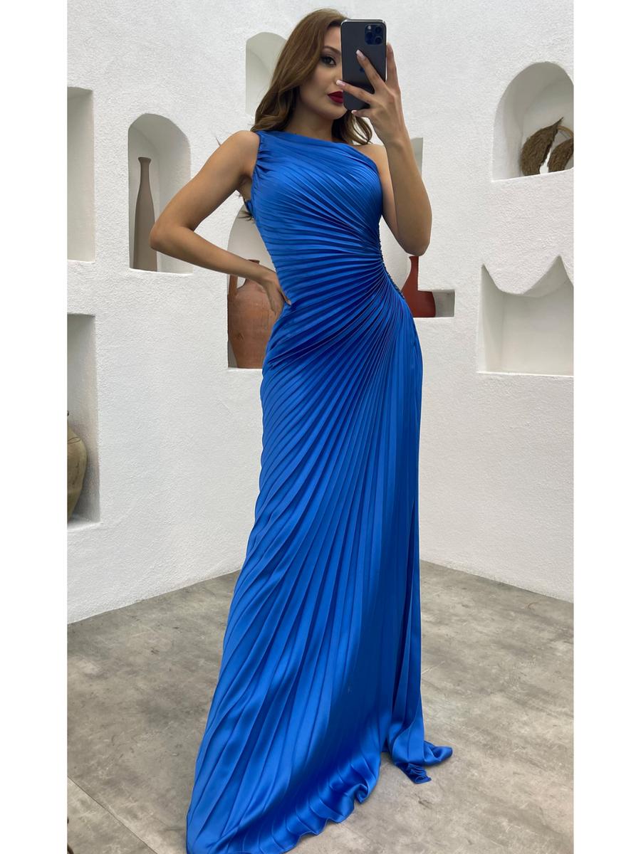 Kiyafet Sepeti - One Shoulder Pleated Satin Gown Beaded Side Waist 12752