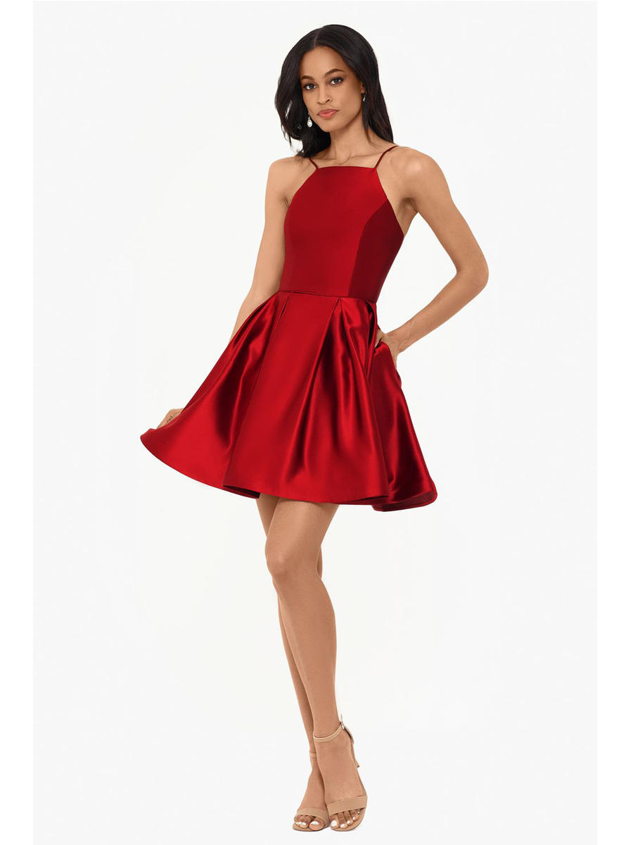 betsy & adam satin fit & flare gown