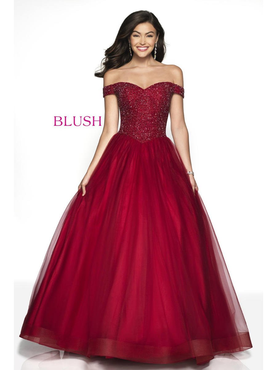 BLUSH PROM - Off-Shoulder Beaded Bodice Tulle Ball Gown