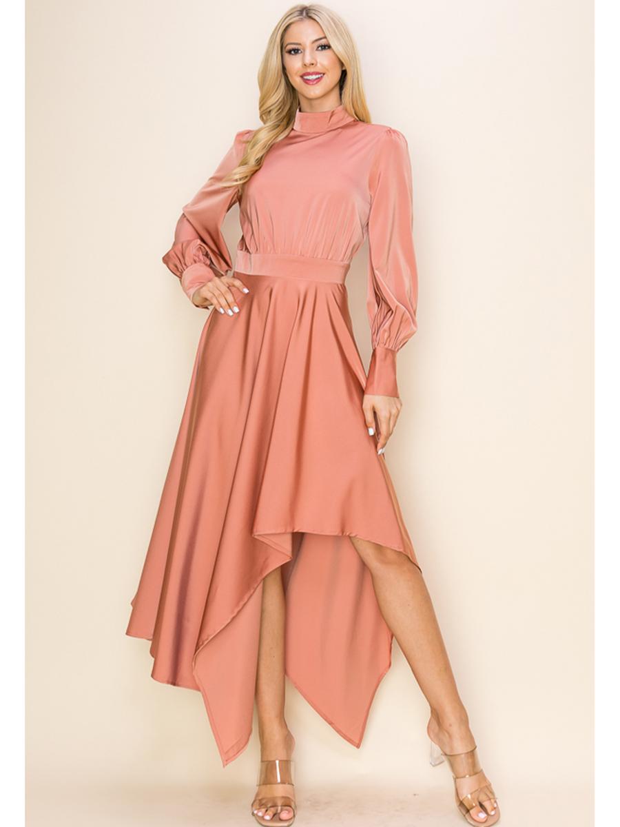 INA FASHION - Satin Gown Long Sleeve High Neck IDK7368