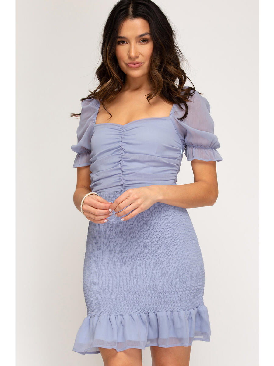 SHE AND SKY - Puff Short Sleeve Rooched Dress