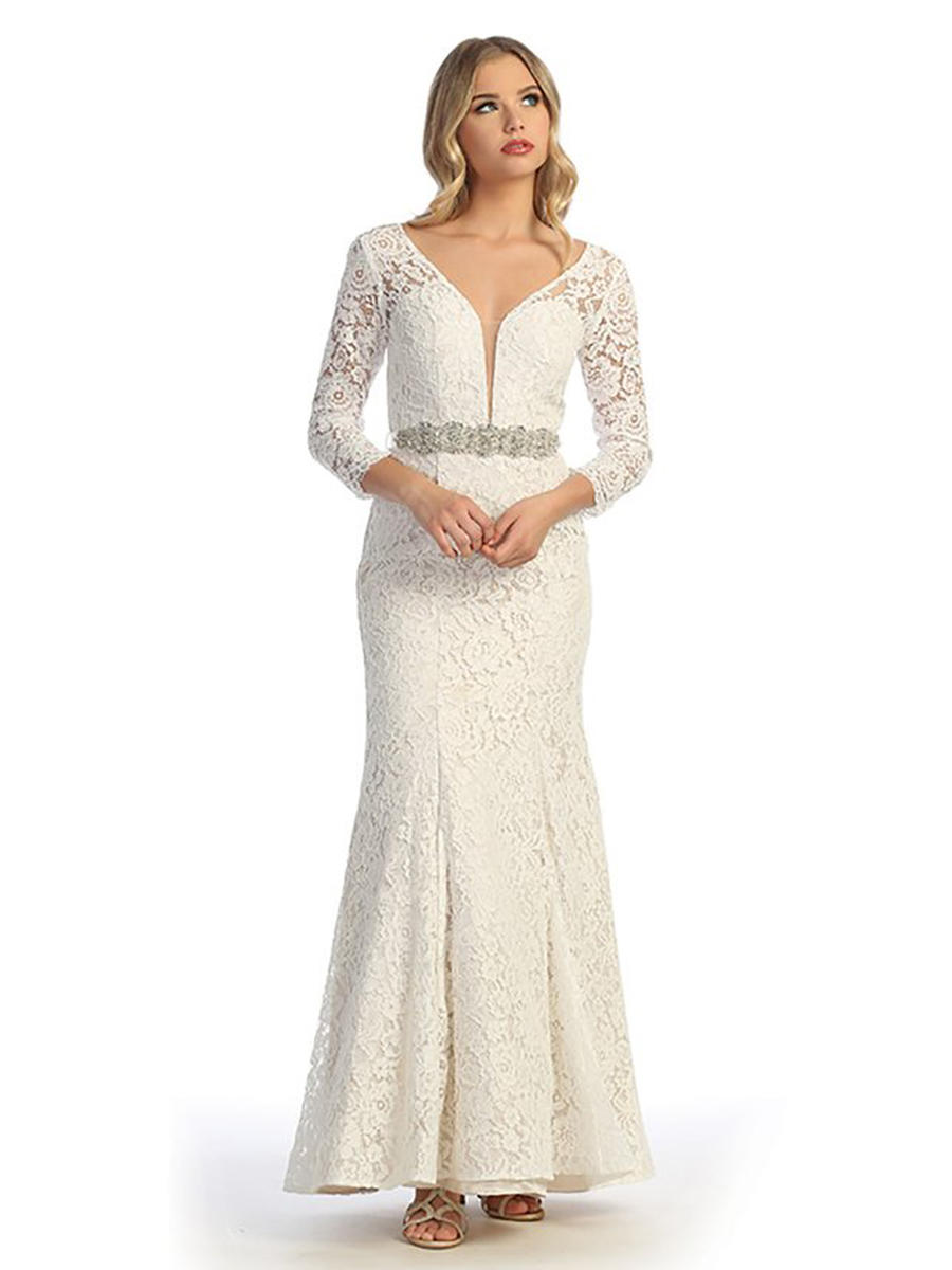 CINDY COLLECTION USA - Quarter Sleeve Lace Gown Beaded Belt