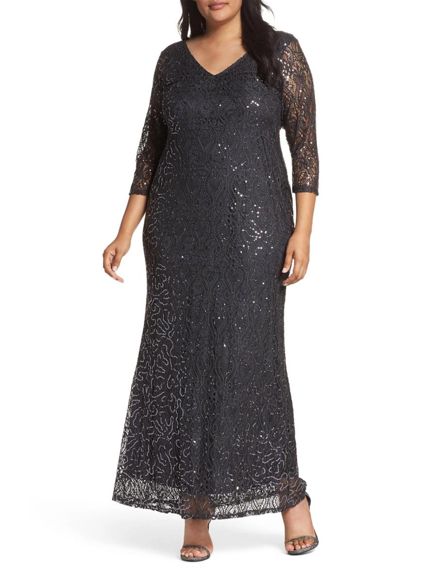 MARINA - Long Sleeve Sequin Lace Gown 293560
