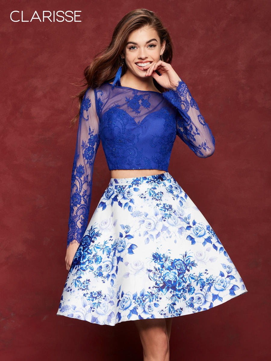 Two Piece Print Skirt Lace Long Sleeve Top 3638
