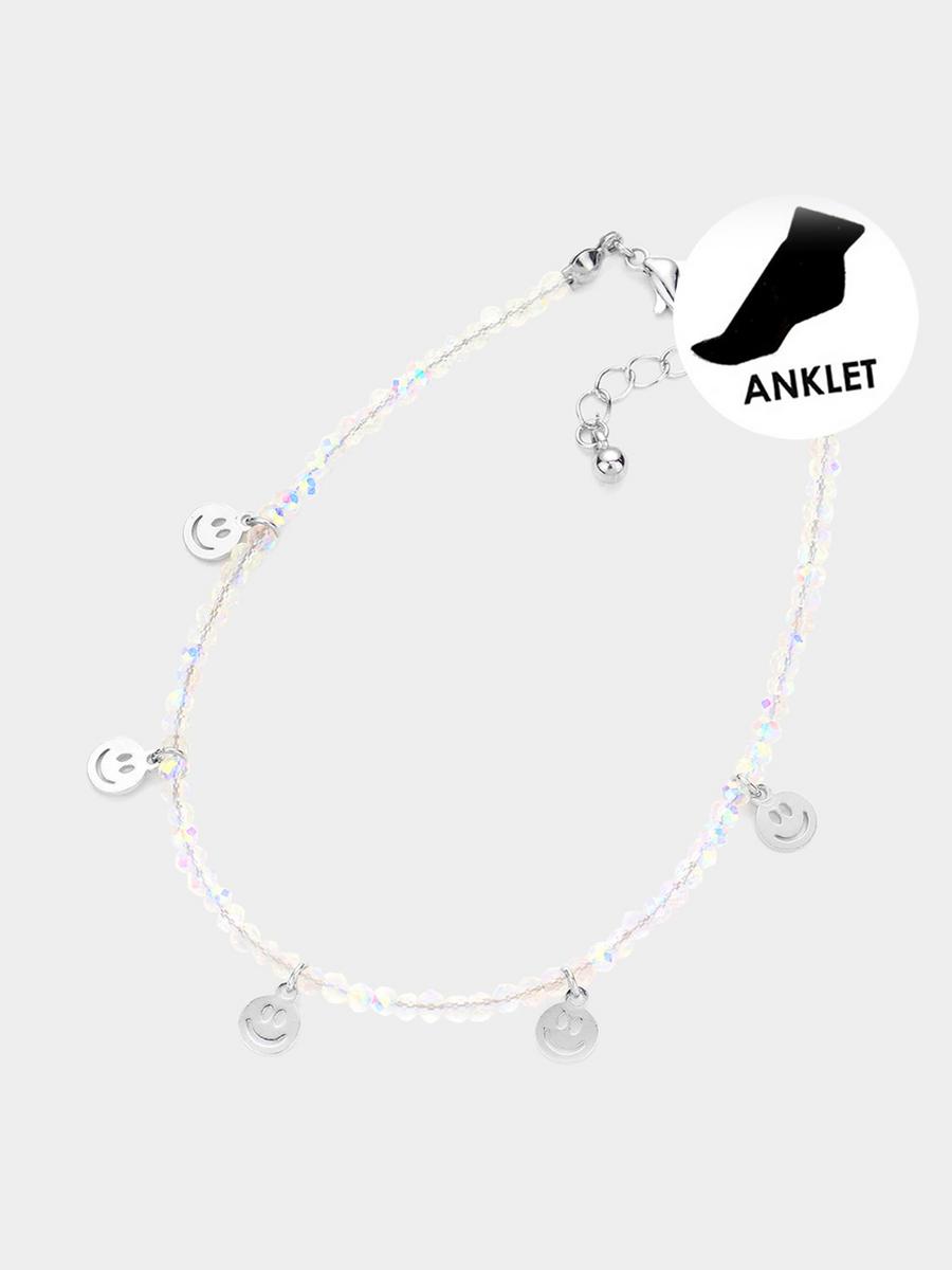 WONA TRADING INC - Metal Smile Charm Station Faceted Beaded Anklet AK0123