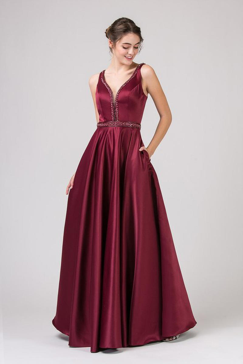 Fashion Eureka - Satin A-Line Gown Beaded Waistline 9010
