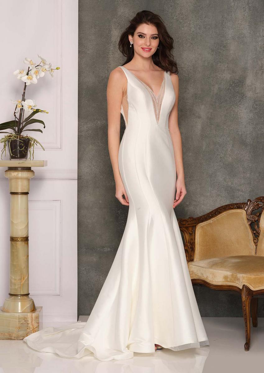 Dave and Johnny - Satin Beaded V Neck Bridal Gown