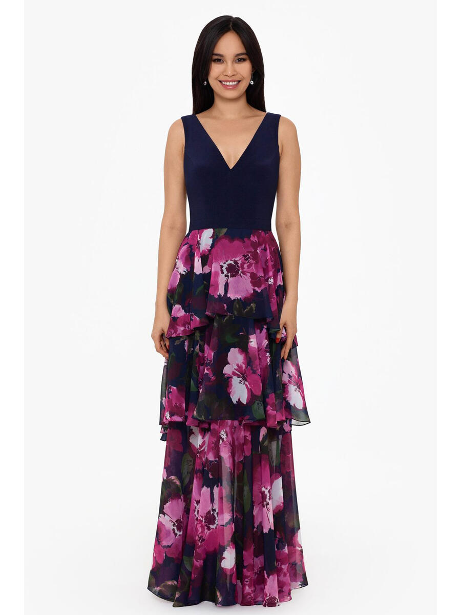XSCAPE - Print Tier Gown-Solid Bodice
