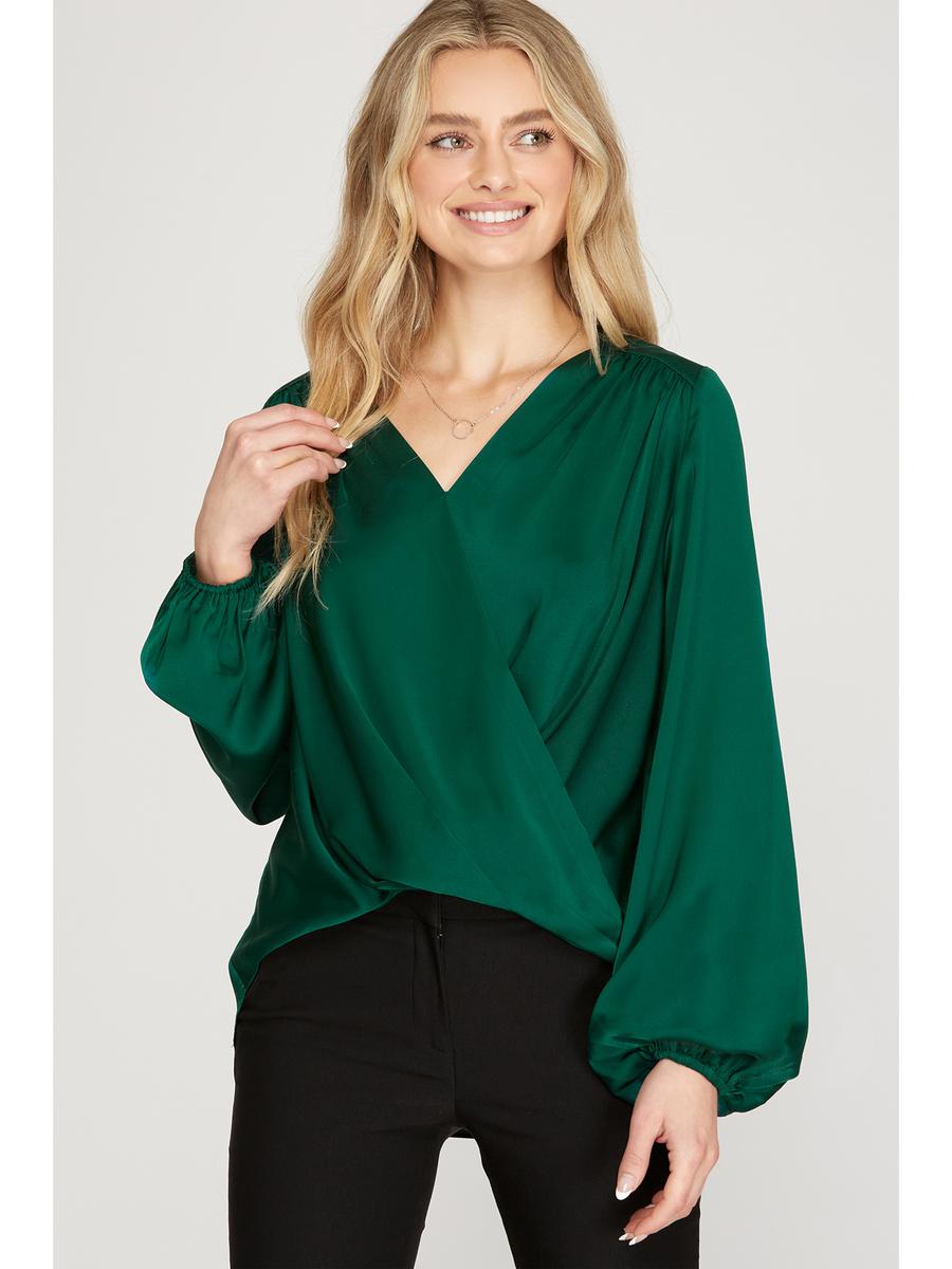 SHE AND SKY - Long Sleeve Woven Satin Blouse SS7244R