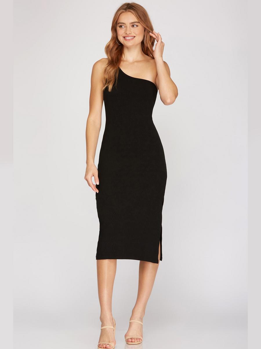 SHE AND SKY - One Shoulder Knit Bodycon Dress