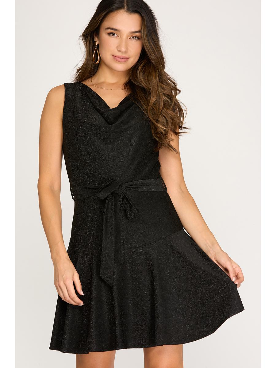 SHE AND SKY - Sleeveless Cowl Neck Flare Dress with Sash