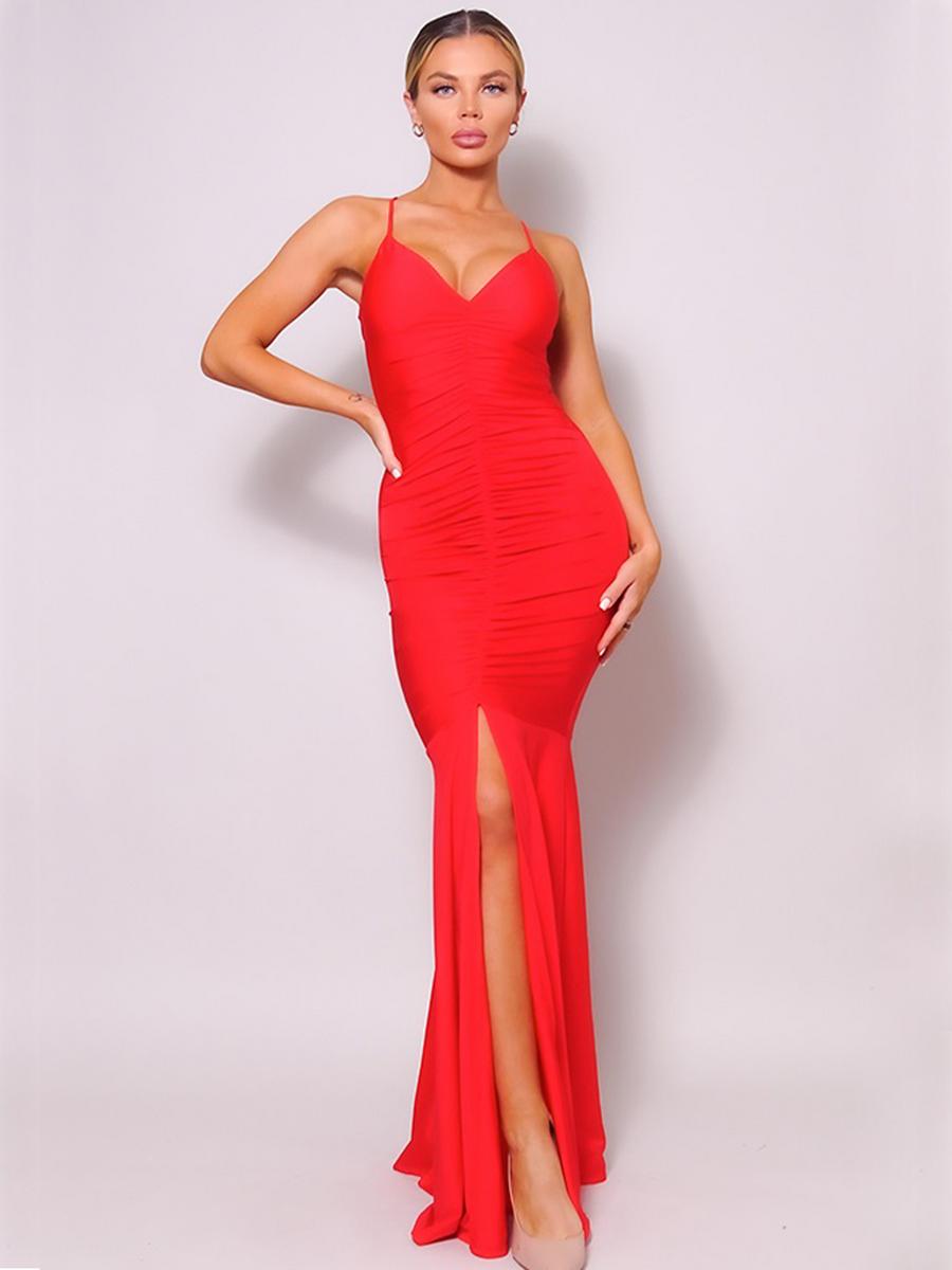 CEFIAN - Spaghetti Strap Deep V Halter Ruched Gown CD20943