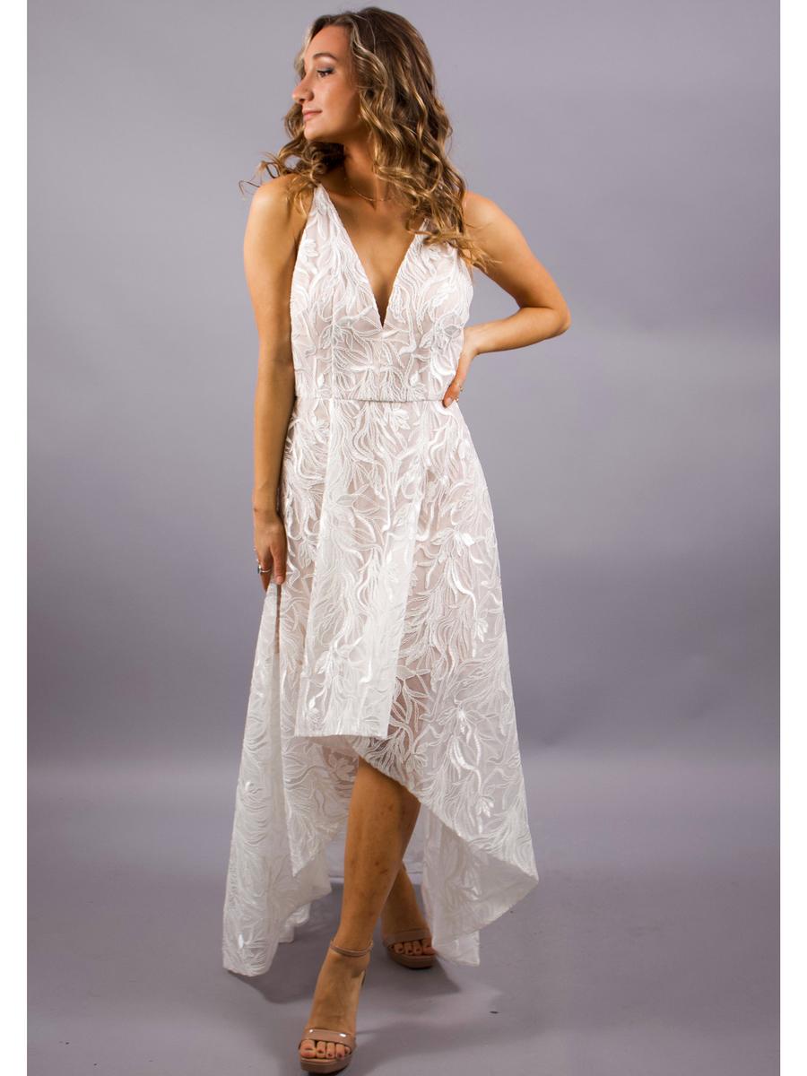 XSCAPE - Lace V-Neck High Low Gown