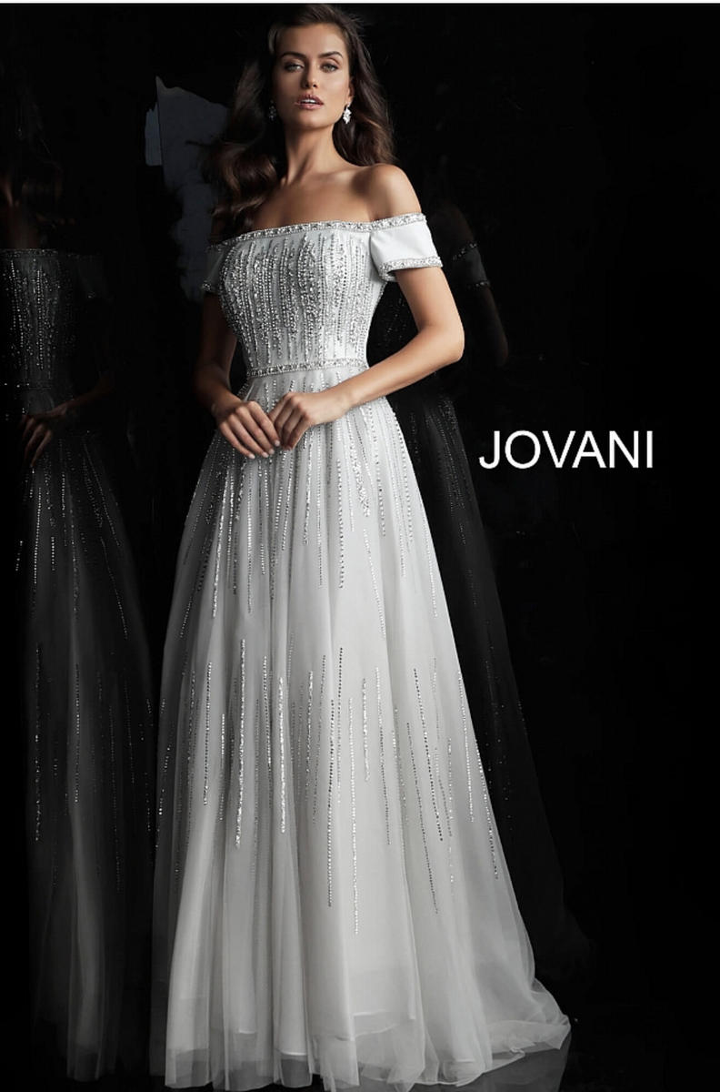 Jovani - Mesh Beaded Short Sleeve Gown-Shawl