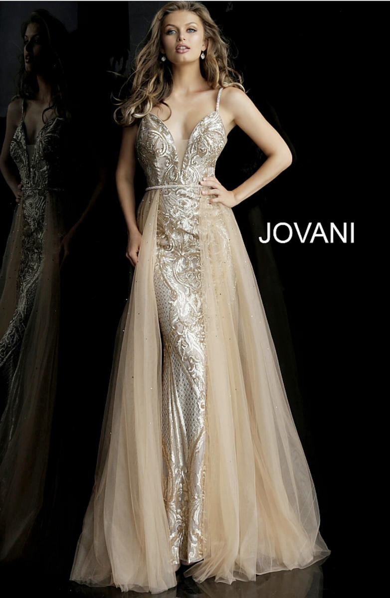 Jovani - Mesh Metallic Lace Flyaway Gown