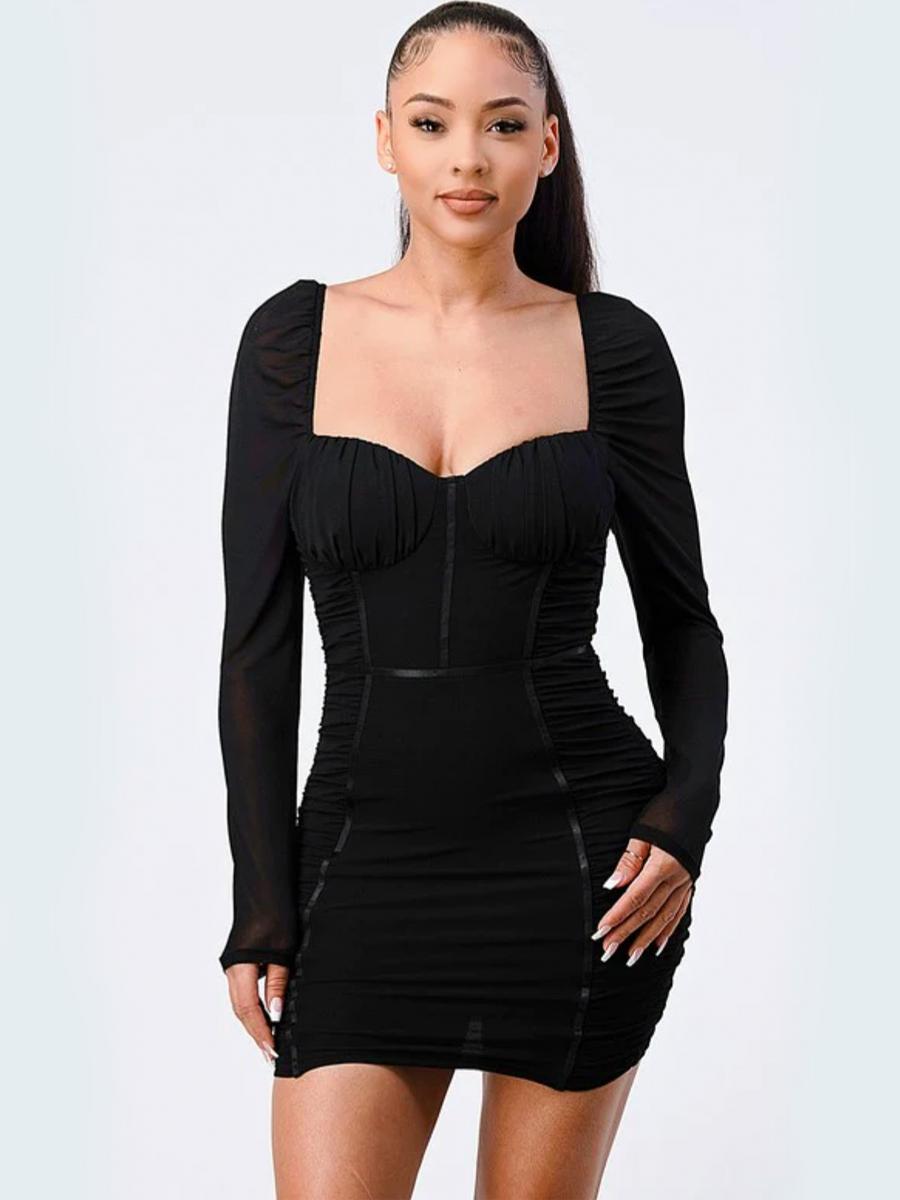 PRIVY - Sheer Long Sleeve Ruched Dress PD71721H
