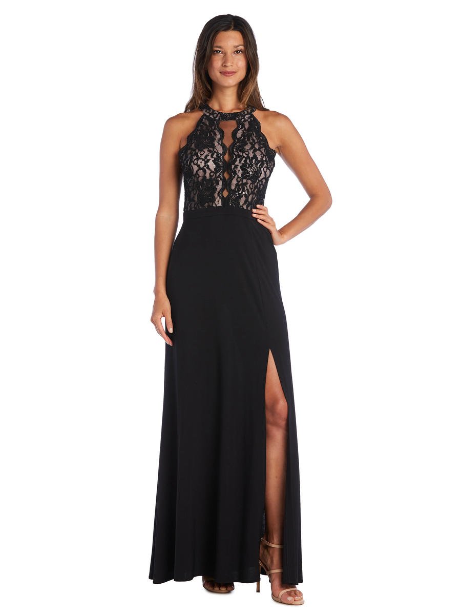 morgan and co lace and jersey gown