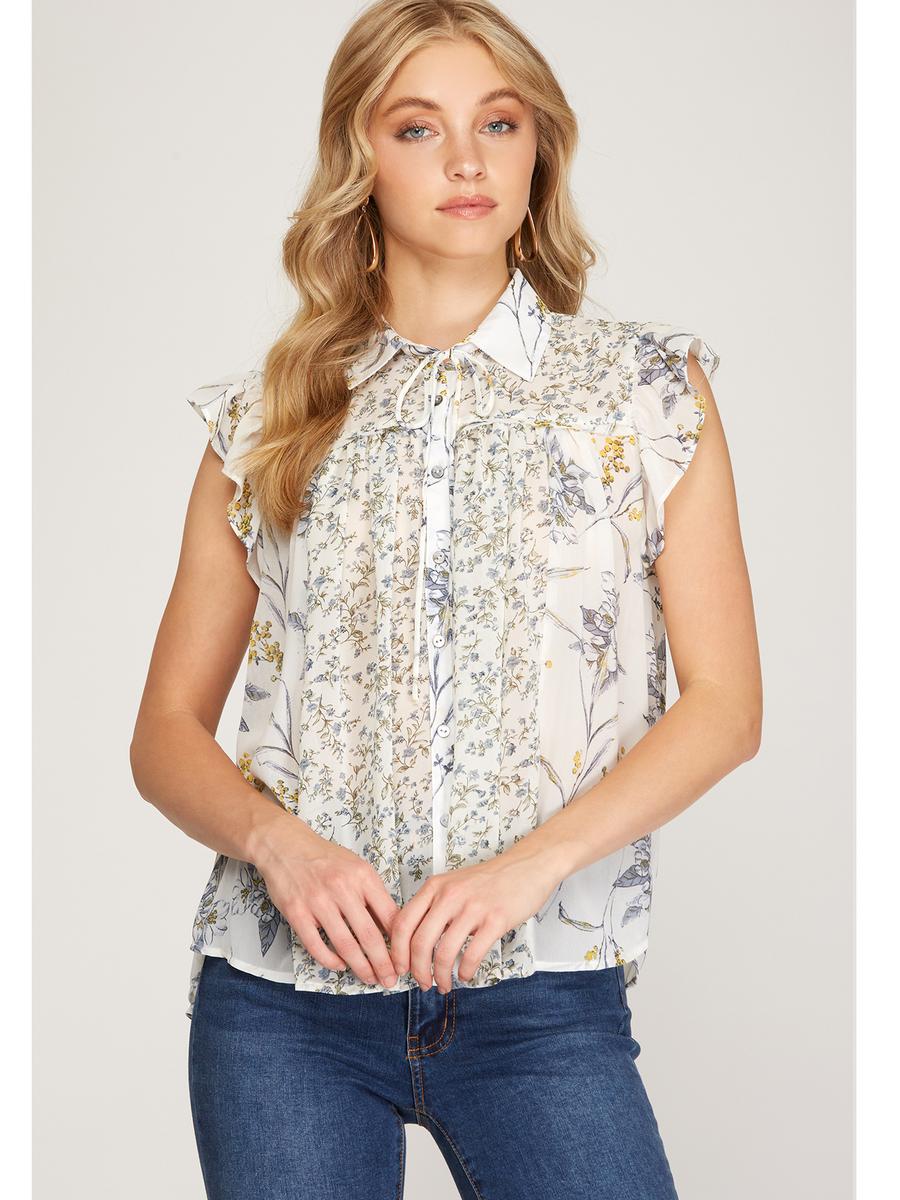 SHE AND SKY - Print Button Up Sleeveless