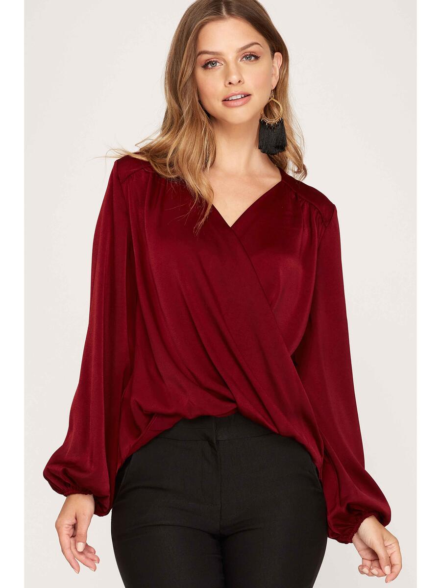 SHE AND SKY - Long Sleeve Woven Satin Blouse