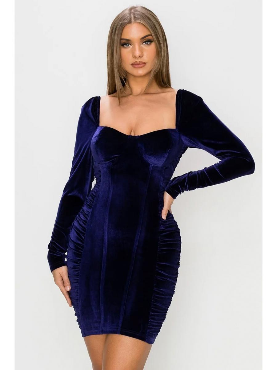 PRIVY - Long Sleeve Velvet Dress Visible Boning PD75829B