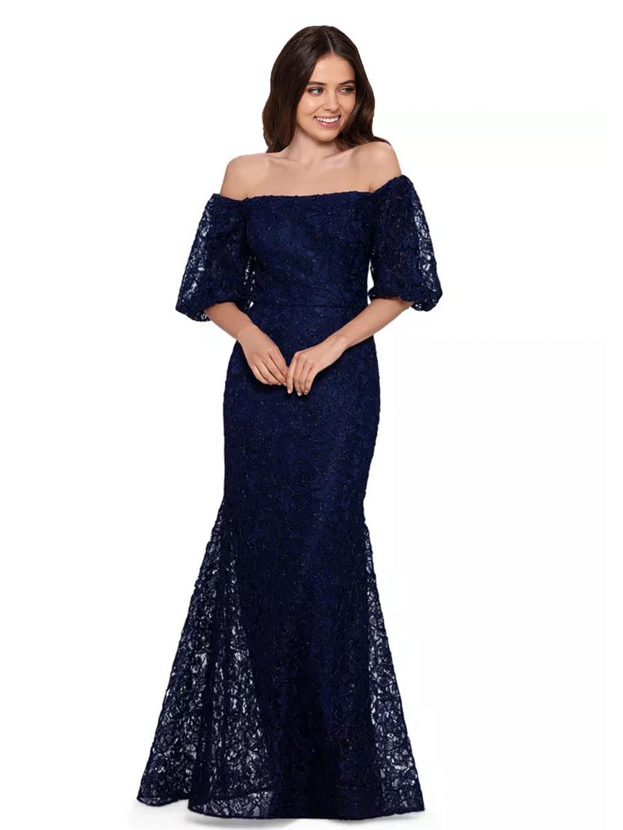 XSCAPE - Off The Shoulder Long Sleeve Metallic Gown