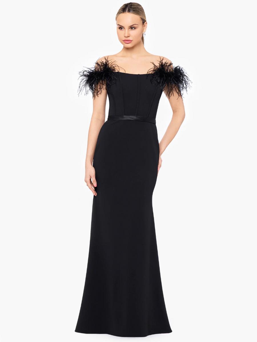 Betsy & Adam, Ltd. - Off the Shouler Feathered Corset Bodice Gown A25931