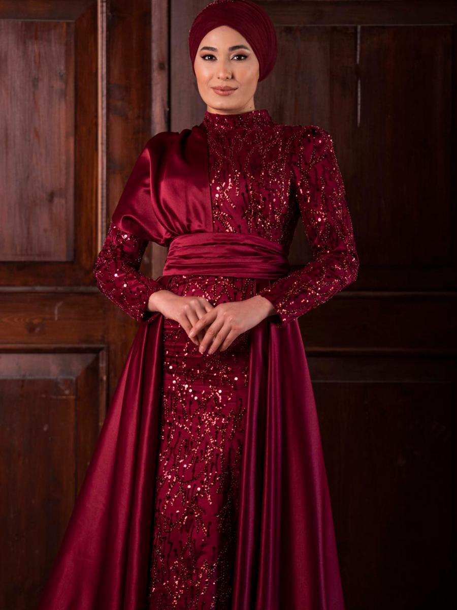 Nirgul Cakir - Modest Beaded Gown Satin Overlay Skirt 1025