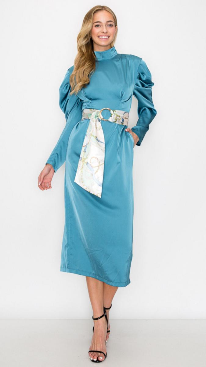 INA FASHION - Satin Long Sleeve Gown Print Belt IDK7320