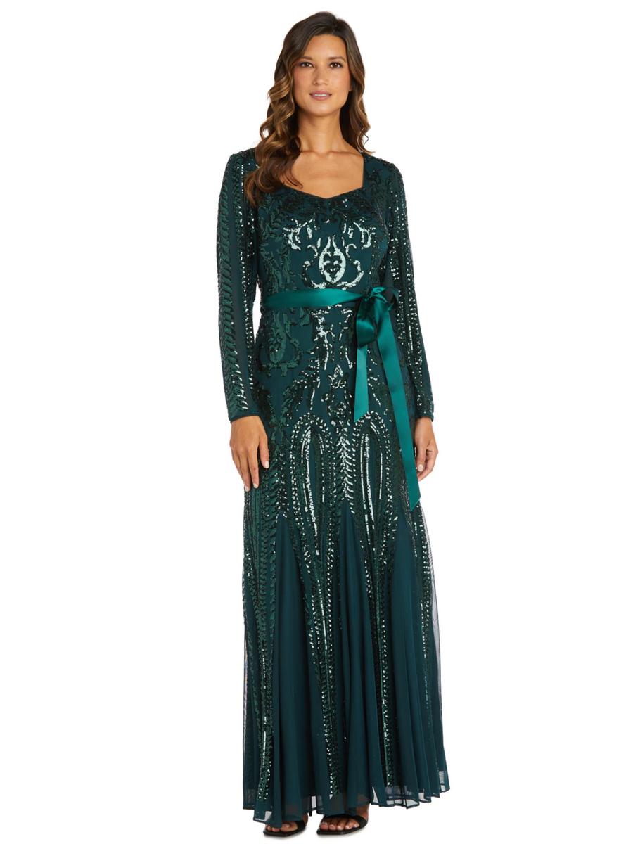 R & M Richards - Sequin Gown with Satin Belt