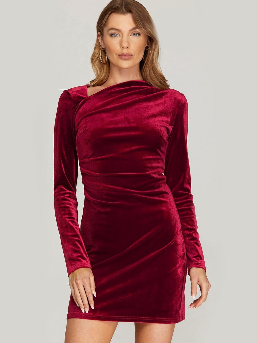 SHE AND SKY - Long Sleeve Velvet Dress SY4319