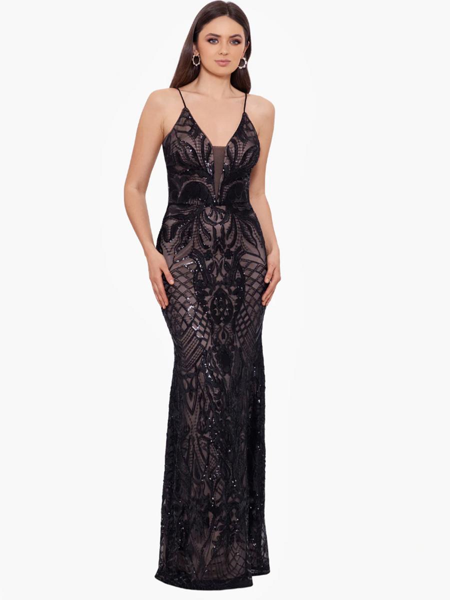 Betsy & Adam, Ltd. - Long Patterned Sequin V Neck Gown A25535